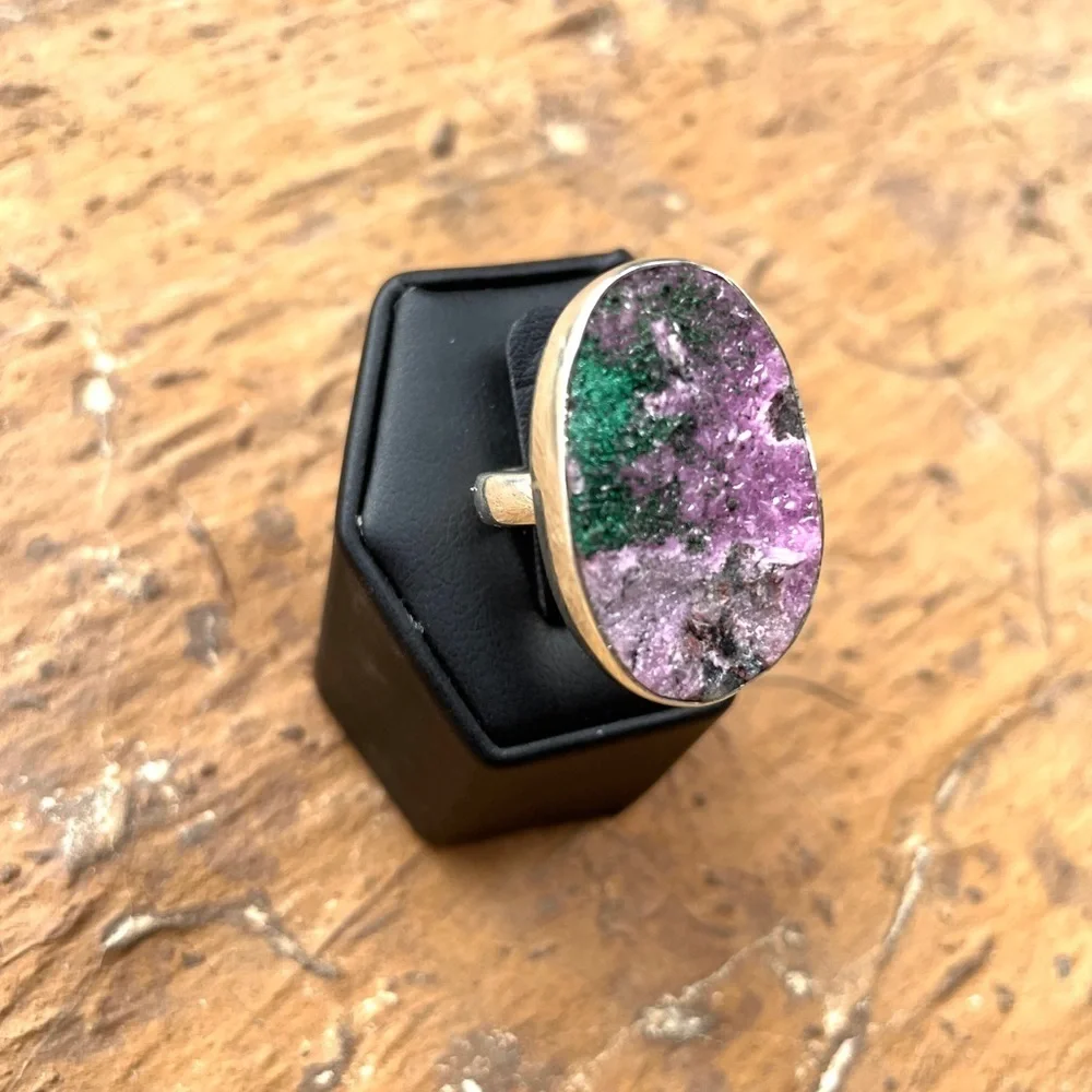 Ruby Zoisite Druzy 925 Stamped Sterling Silver Ring Adjustable